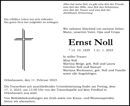 Traueranzeige von Ernst Noll von Kreis-Anzeiger