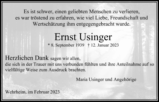 Traueranzeige von Ernst Usinger von Usinger Anzeigenblatt