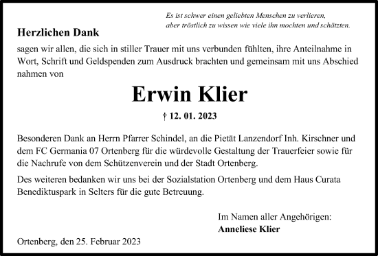 Traueranzeige von Erwin Klier von Kreis-Anzeiger