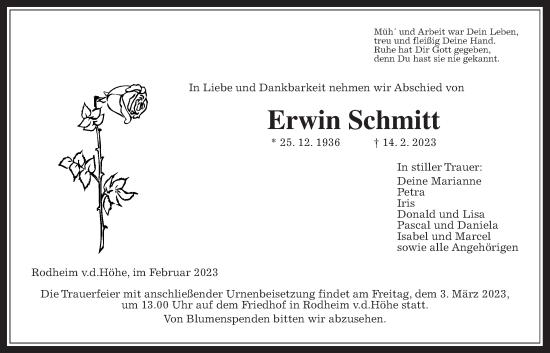 Traueranzeige von Erwin Schmitt von Wetterauer Zeitung
