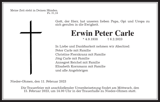 Traueranzeige von Erwin Peter Carle von Giessener Allgemeine, Alsfelder Allgemeine