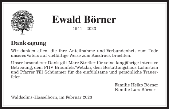 Traueranzeige von Ewald Börner von Usinger Anzeiger
