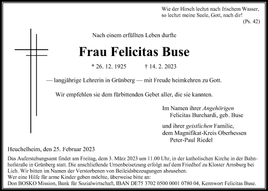 Traueranzeige von Felicitas Buse von Giessener Allgemeine, Alsfelder Allgemeine, Giessener Anzeiger
