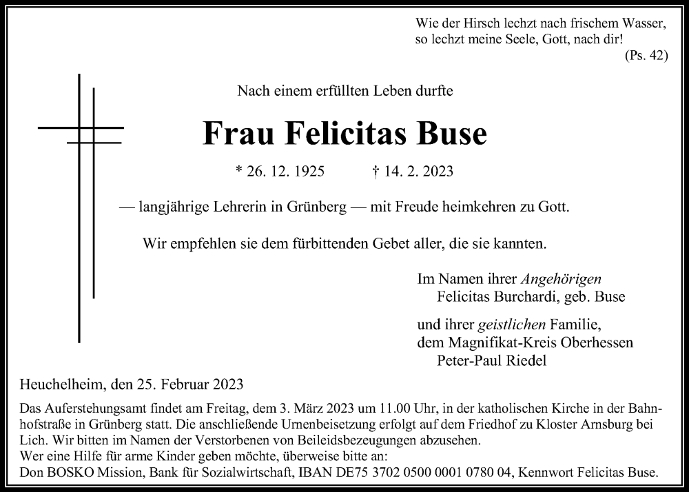  Traueranzeige für Felicitas Buse vom 25.02.2023 aus Giessener Allgemeine, Alsfelder Allgemeine, Giessener Anzeiger