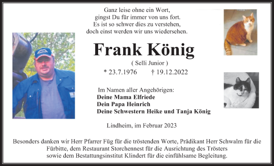Traueranzeige von Frank König von Kreis-Anzeiger, Kreis-Anzeiger
