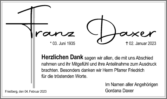 Traueranzeige von Franz Daxer von Wetterauer Zeitung