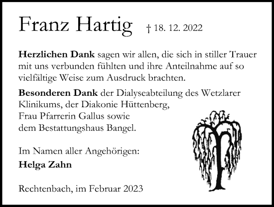 Traueranzeige von Franz Hartig von Giessener Allgemeine, Alsfelder Allgemeine