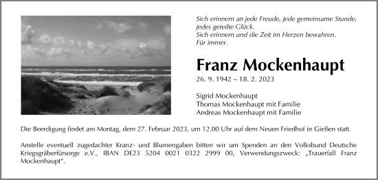 Traueranzeige von Franz Mockenhaupt von Giessener Allgemeine, Alsfelder Allgemeine, Giessener Anzeiger