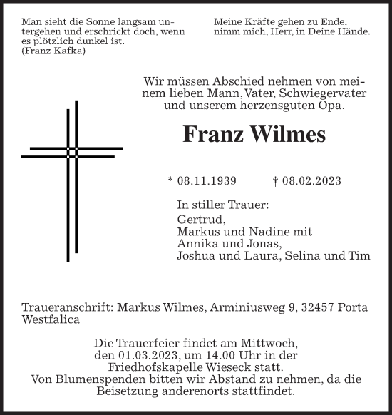 Traueranzeige von Franz Wilmes von Giessener Allgemeine, Alsfelder Allgemeine, Giessener Anzeiger