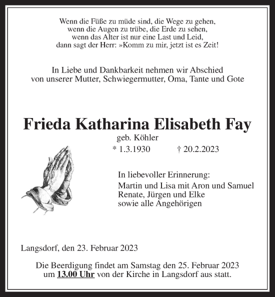 Traueranzeige von Frieda Katharina Elisabeth Fay von Licher Wochenblatt
