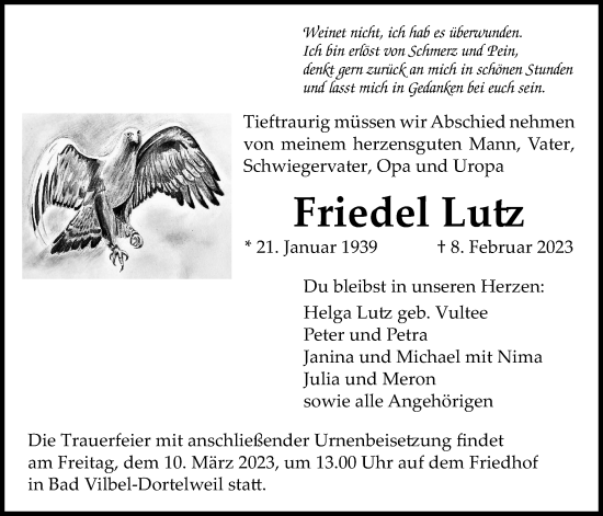 Traueranzeige von Friedel Lutz von Bad Vilbel/Karben