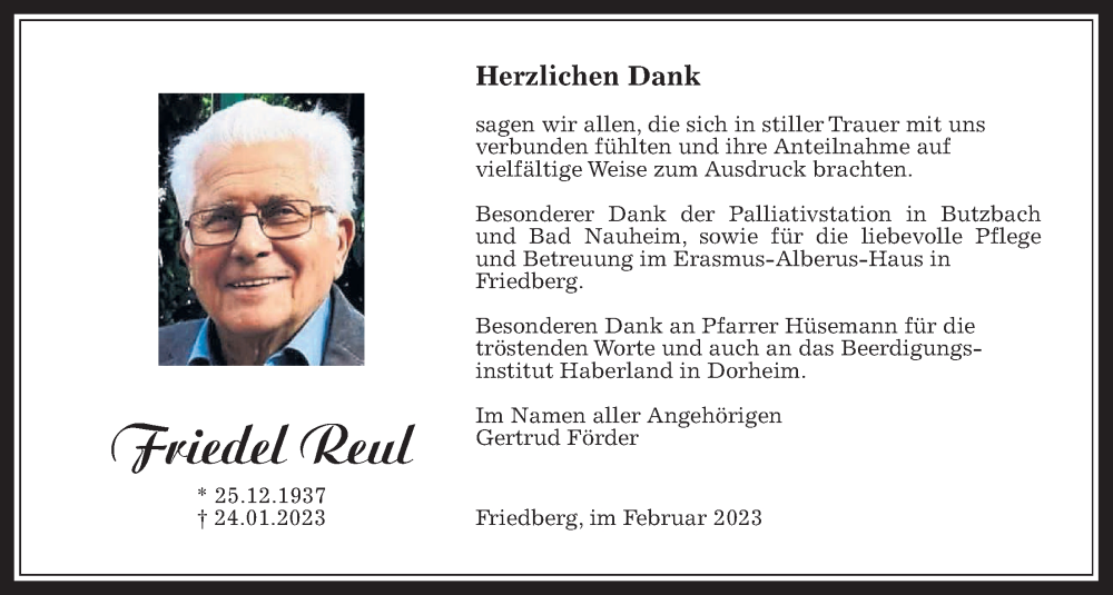  Traueranzeige für Friedel Reul vom 25.02.2023 aus Wetterauer Zeitung