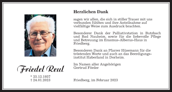 Traueranzeige von Friedel Reul von Wetterauer Zeitung