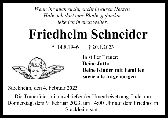 Traueranzeige von Friedhelm Schneider von Kreis-Anzeiger