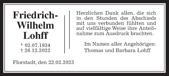 Traueranzeige von Friedrich-Wilhelm Lohff von Wetterauer Zeitung