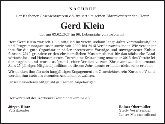 Traueranzeige von Gerd Klein von Wetterauer Zeitung, Bad Vilbel/Karben