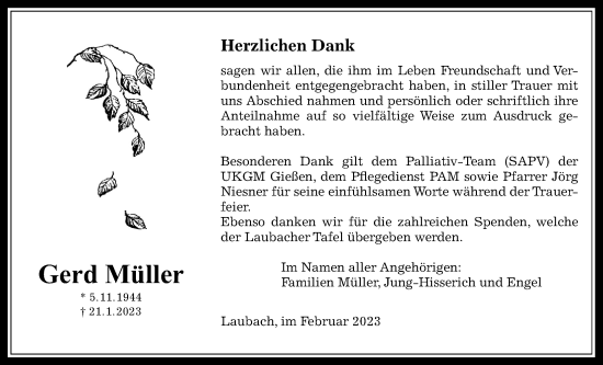 Traueranzeige von Gerd Müller von Giessener Allgemeine, Alsfelder Allgemeine