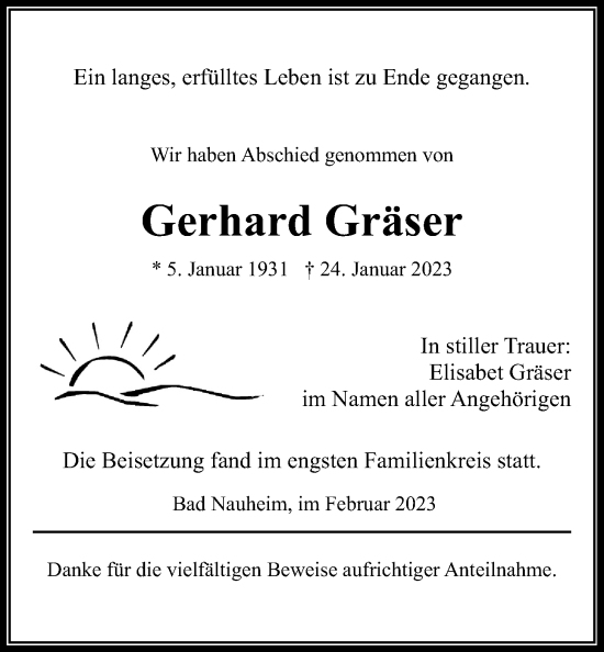 Traueranzeige von Gerhard Gräser von Wetterauer Zeitung