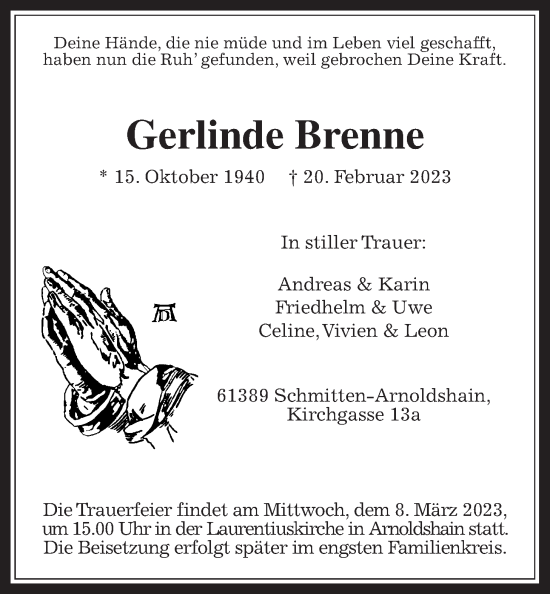 Traueranzeige von Gerlinde Brenne von Usinger Anzeiger