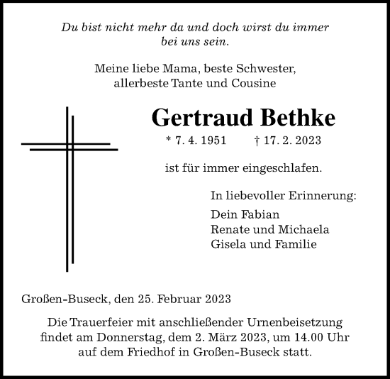 Traueranzeige von Gertraud Bethke von Giessener Allgemeine, Alsfelder Allgemeine, Giessener Anzeiger