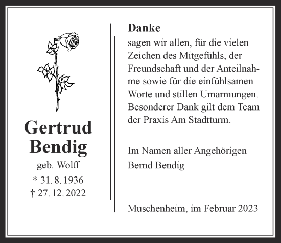 Traueranzeige von Gertrud Bendig von Licher Wochenblatt
