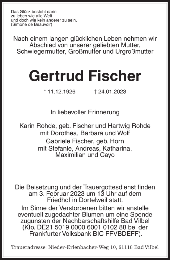 Traueranzeige von Gertrud Fischer von Wetterauer Zeitung, Bad Vilbel/Karben