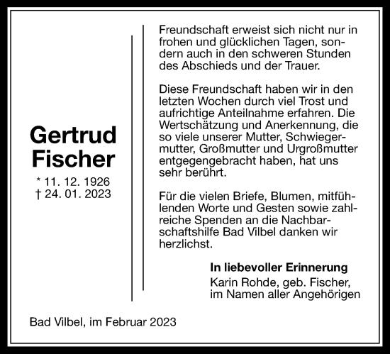 Traueranzeige von Gertrud Fischer von Bad Vilbel/Karben