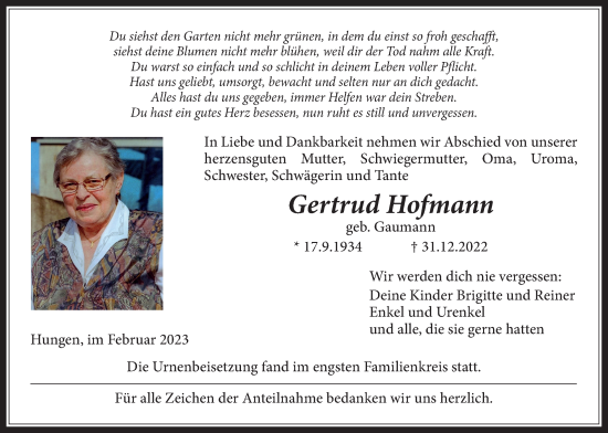 Traueranzeige von Gertrud Hofmann von Licher Wochenblatt