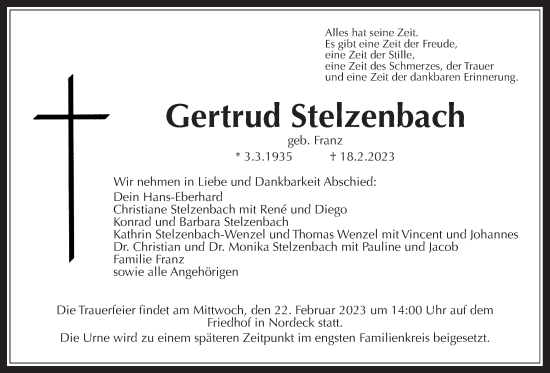 Traueranzeige von Gertrud Stelzenbach von Giessener Allgemeine, Alsfelder Allgemeine, Giessener Anzeiger