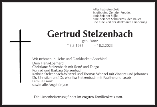 Traueranzeige von Gertrud Stelzenbach von Allendorfer Mitteilungen