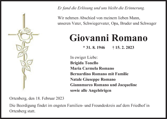 Traueranzeige von Giovanni Romano von Kreis-Anzeiger