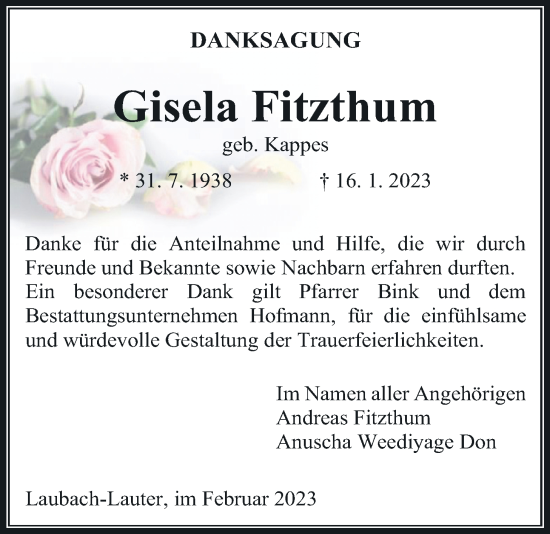 Traueranzeige von Gisela Fitzthum von Giessener Allgemeine, Alsfelder Allgemeine