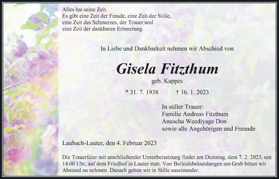 Traueranzeige von Gisela Fitzthum von Giessener Allgemeine, Alsfelder Allgemeine
