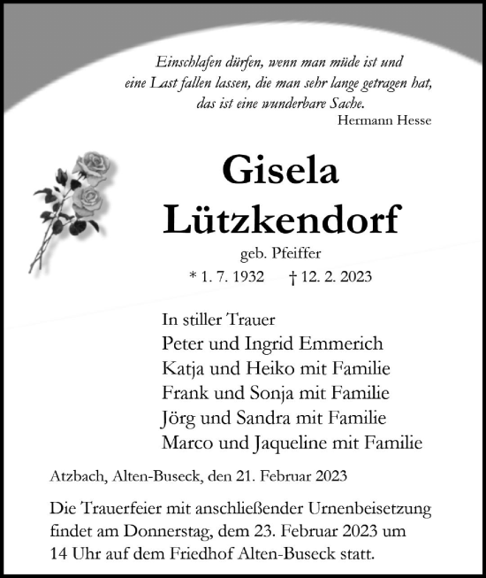 Traueranzeige von Gisela Lützkendorf von Giessener Allgemeine, Alsfelder Allgemeine