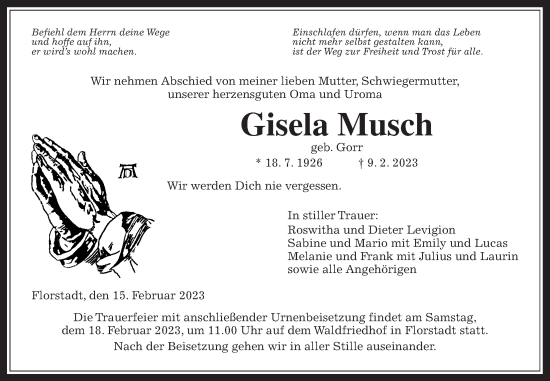 Traueranzeige von Gisela Musch von Wetterauer Zeitung