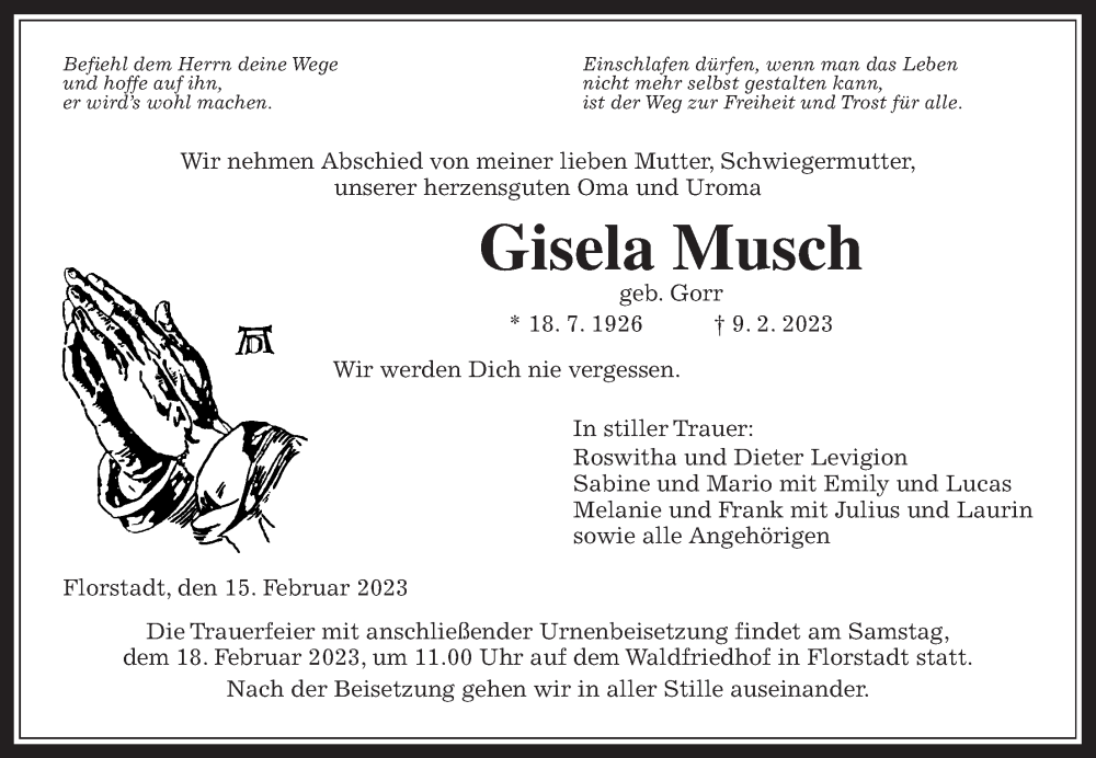  Traueranzeige für Gisela Musch vom 15.02.2023 aus Wetterauer Zeitung