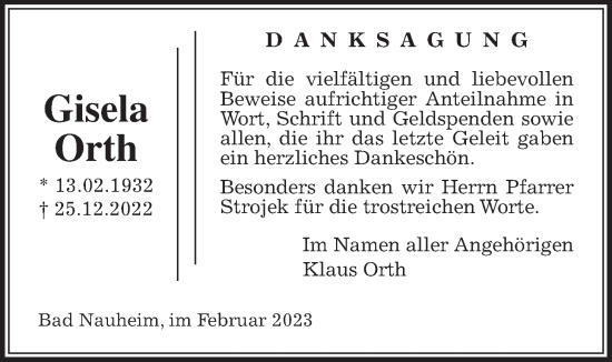Traueranzeige von Gisela Orth von Wetterauer Zeitung