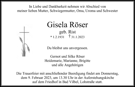 Traueranzeige von Gisela Röser von Bad Vilbel/Karben