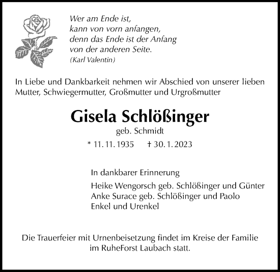 Traueranzeige von Gisela Schlößinger von Licher Wochenblatt