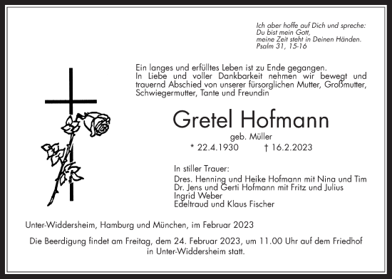 Traueranzeige von Gretel Hofmann von Kreis-Anzeiger