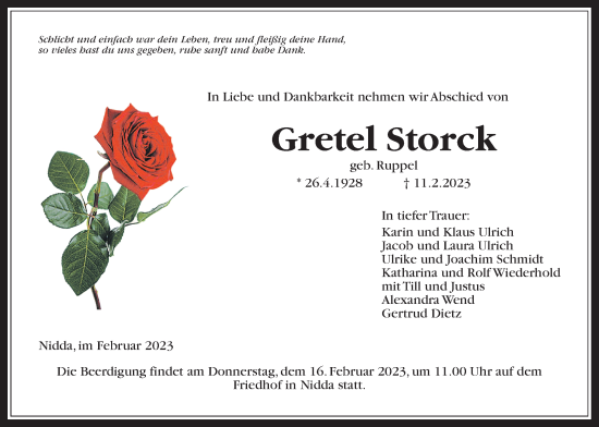 Traueranzeige von Gretel Storck von Kreis-Anzeiger