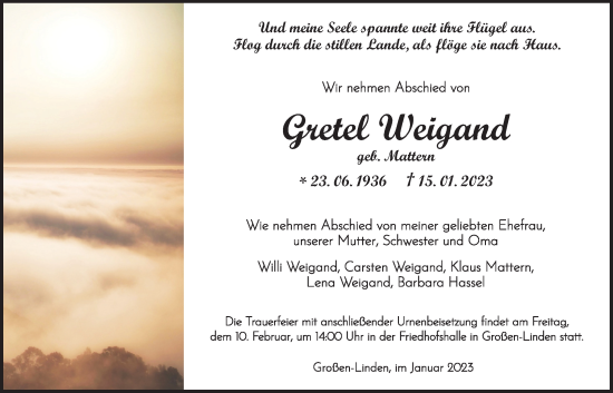 Traueranzeige von Gretel Weigand von Giessener Allgemeine, Alsfelder Allgemeine, Giessener Anzeiger