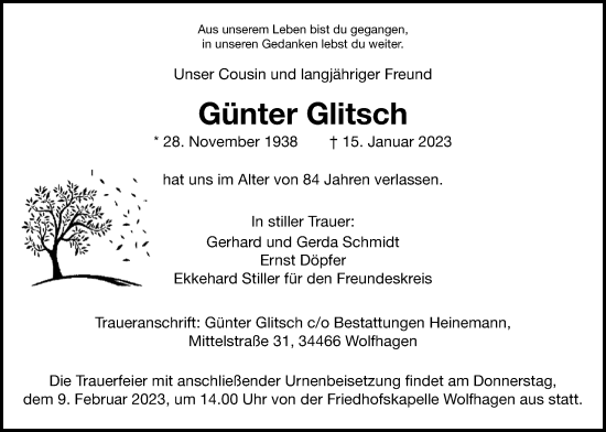Traueranzeige von Günter Glitsch von Giessener Allgemeine, Alsfelder Allgemeine