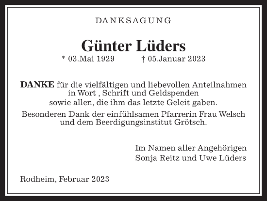Traueranzeige von Günter Lüders von Wetterauer Zeitung