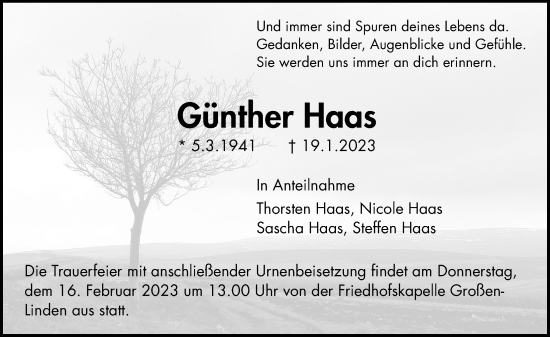 Traueranzeige von Günther Haas von Giessener Allgemeine, Alsfelder Allgemeine