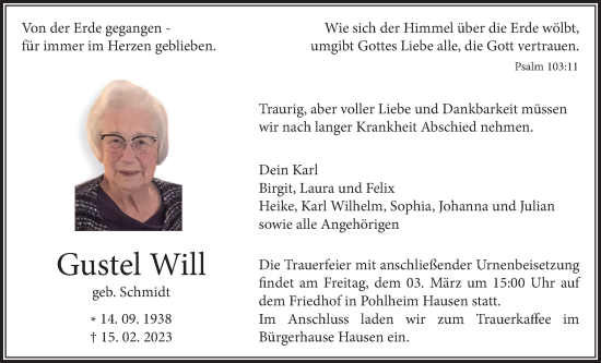 Traueranzeige von Gustel Will von Giessener Allgemeine, Alsfelder Allgemeine, Giessener Anzeiger