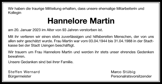 Traueranzeige von Hannelore Martin von Usinger Anzeiger