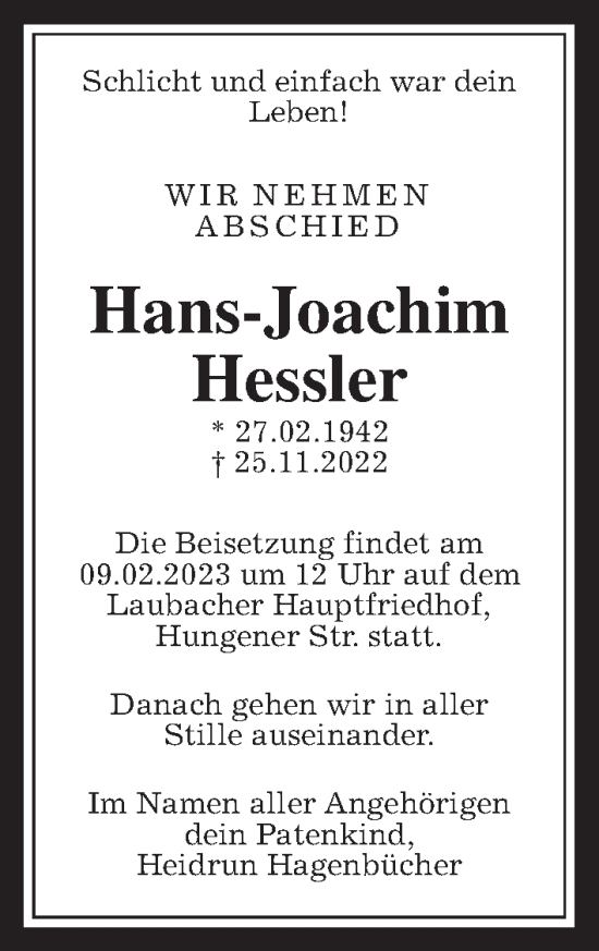 Traueranzeige von Hans-Joachim Hessler von Giessener Allgemeine, Alsfelder Allgemeine
