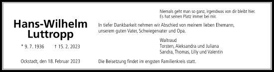 Traueranzeige von Hans-Wilhelm Luttropp von Wetterauer Zeitung, Wetterauer Zeitung