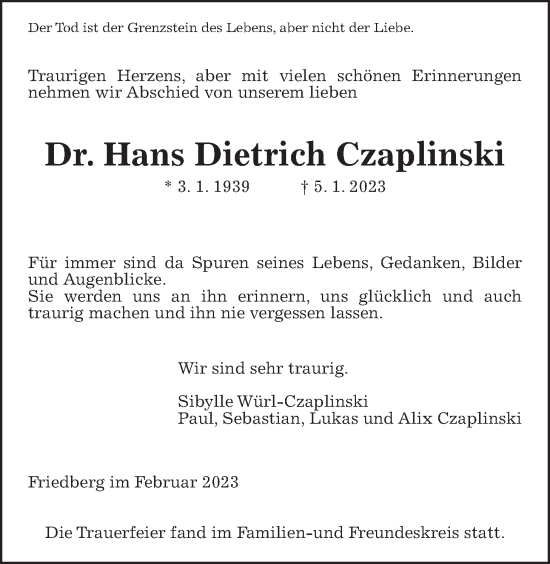 Traueranzeige von Hans Dietrich Czaplinski von Wetterauer Zeitung